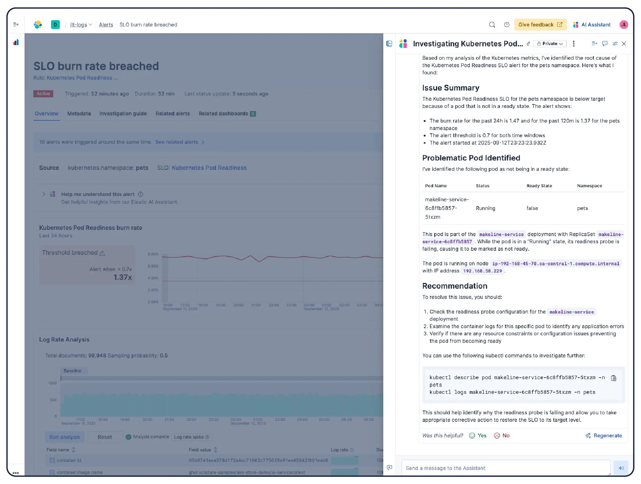 The Elastic AI Assistant for Observability helps you spot infrastructure anomalies, interpret system events, and troubleshoot issues.