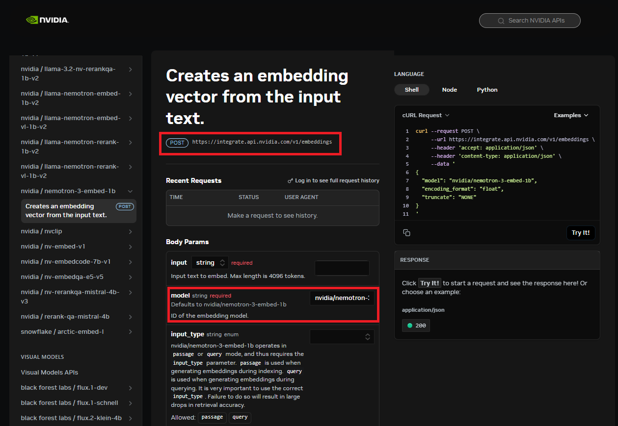 NVIDIA embedding API reference showing the POST endpoint and model parameter for llama-nemotron-embed-1b-v2
