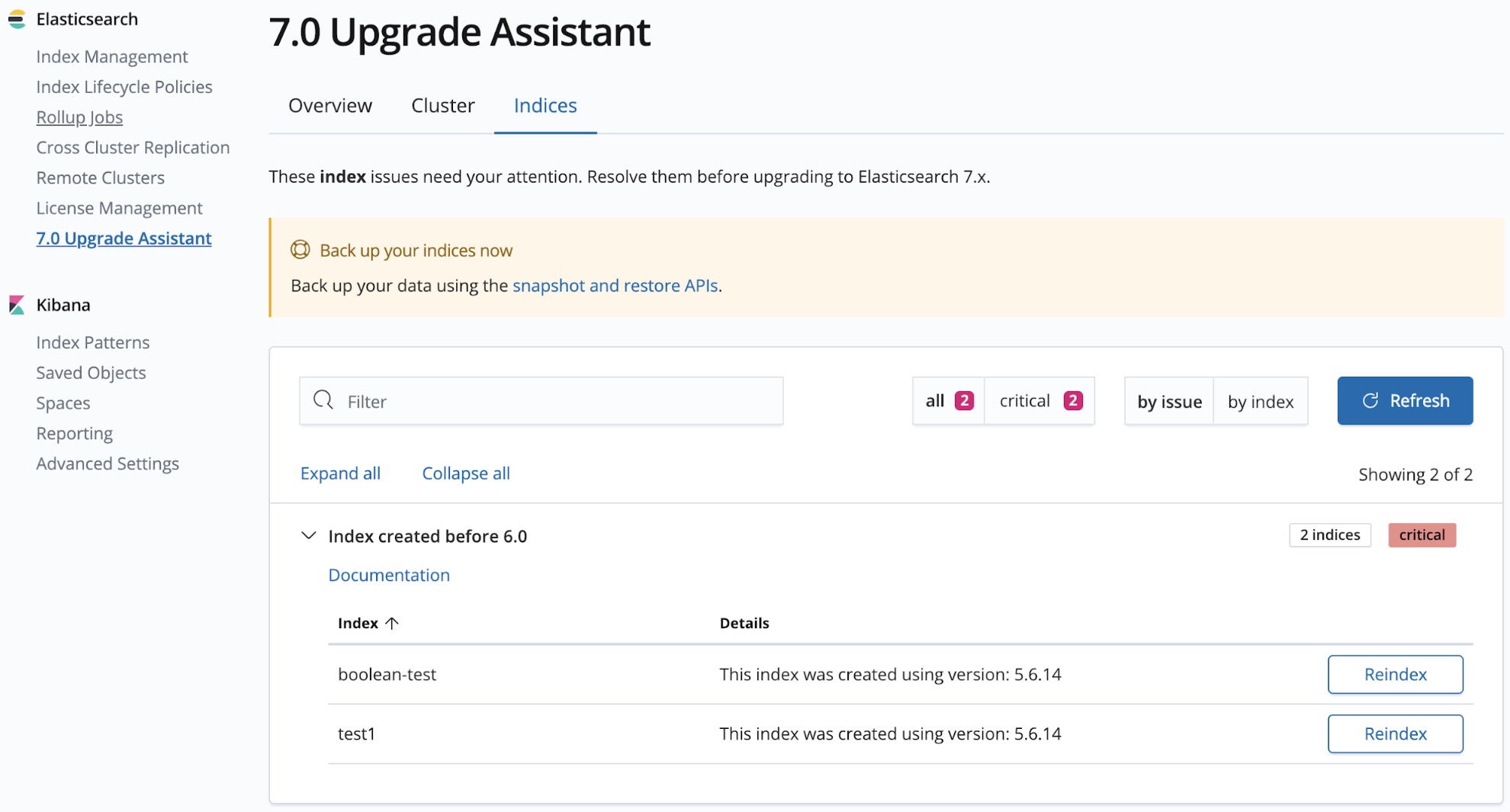 Upgrade Assistant Indices tab
