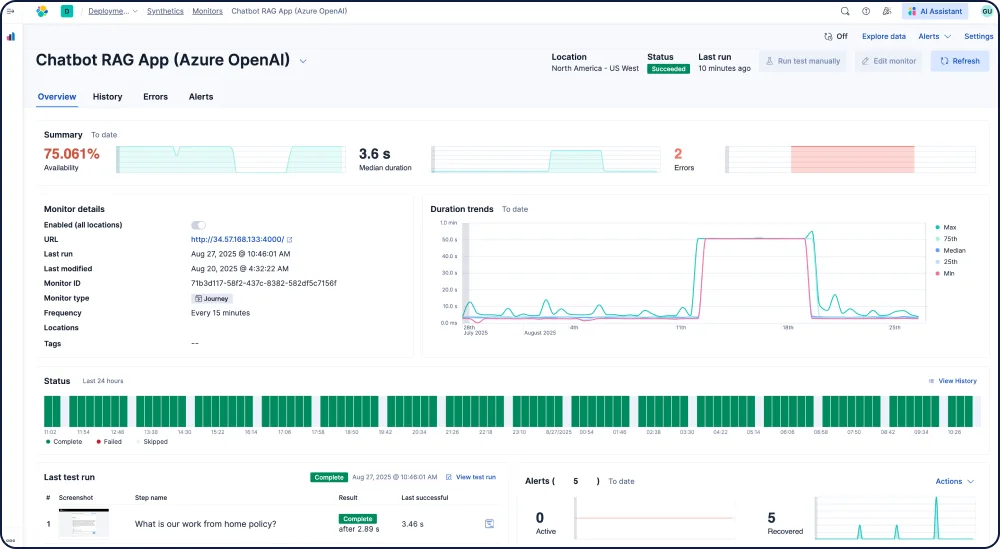Elastic Observability drill down to find out why a synthetic monitor is failing. Compare failed synthetic test runs with the last successful run.