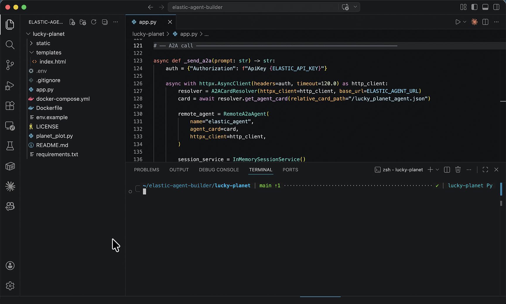Animation of a code editor window showing a project titled "Elastic Agent Builder." The file explorer lists a folder named lucky planet, with subfolders static and templates, and files including app.py, Dockerfile, README.md, and requirements.txt. The editor displays Python code defining an asynchronous function that sends an authenticated request using httpx and initializes a remote agent. The bottom panel shows a terminal open to the lucky planet directory on the main branch.