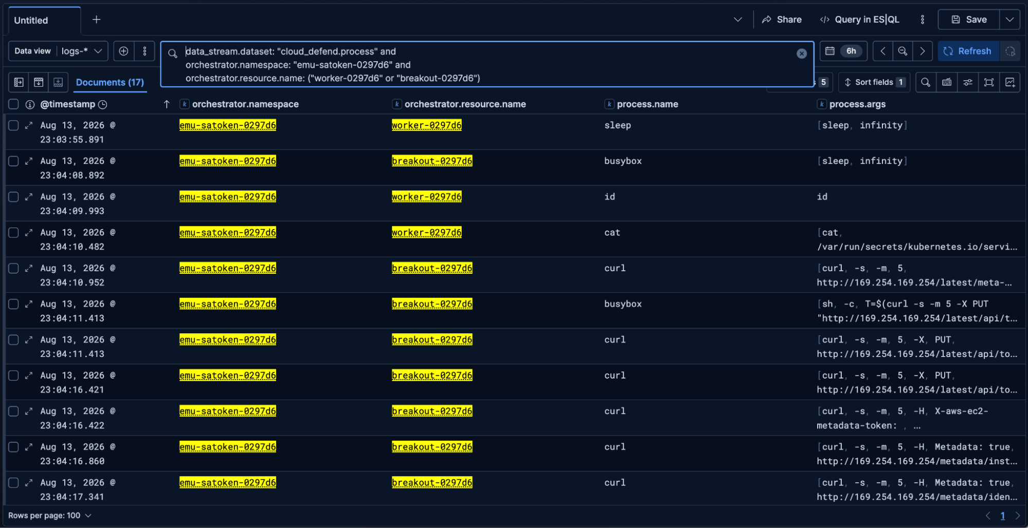 Container runtime process events for the foothold and breakout pods matched on orchestrator.resource.name