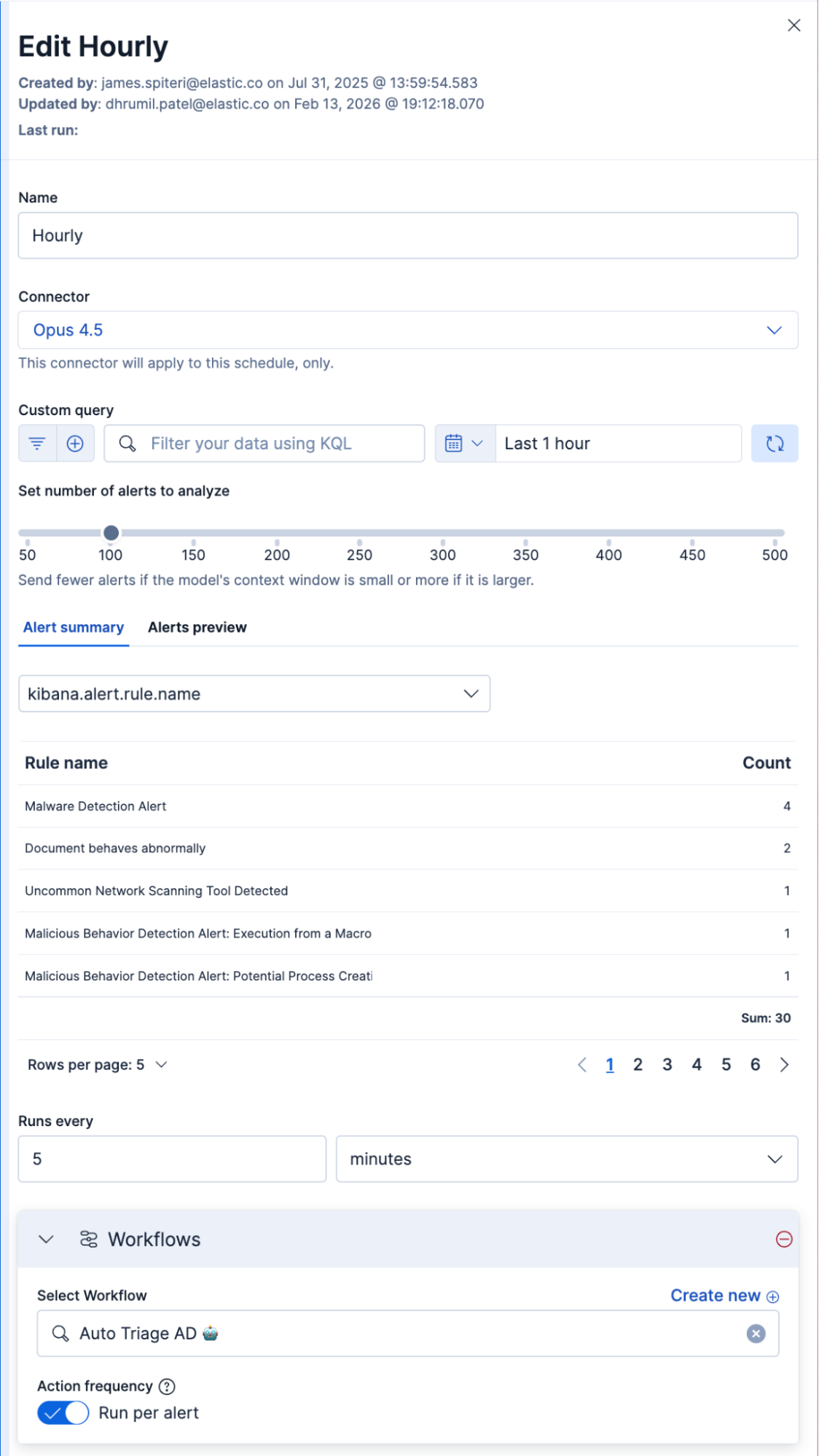 Shows Attack Discovery schedule editor linked to specific workflows.