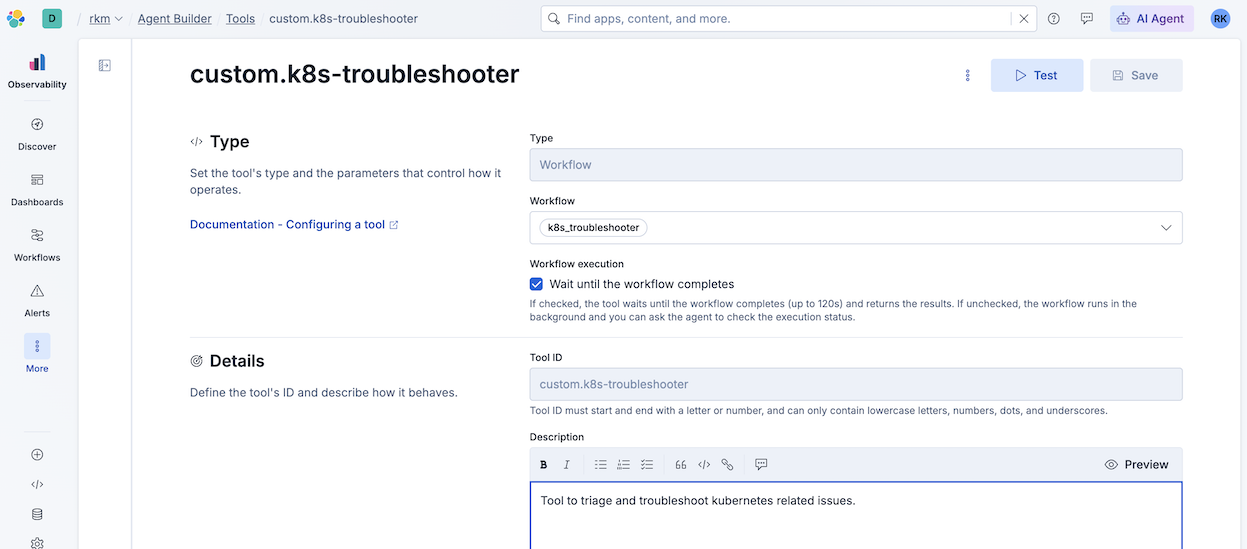 Agent Builder: Workflow tool wired to k8s_troubleshooter with custom tool id and description.
