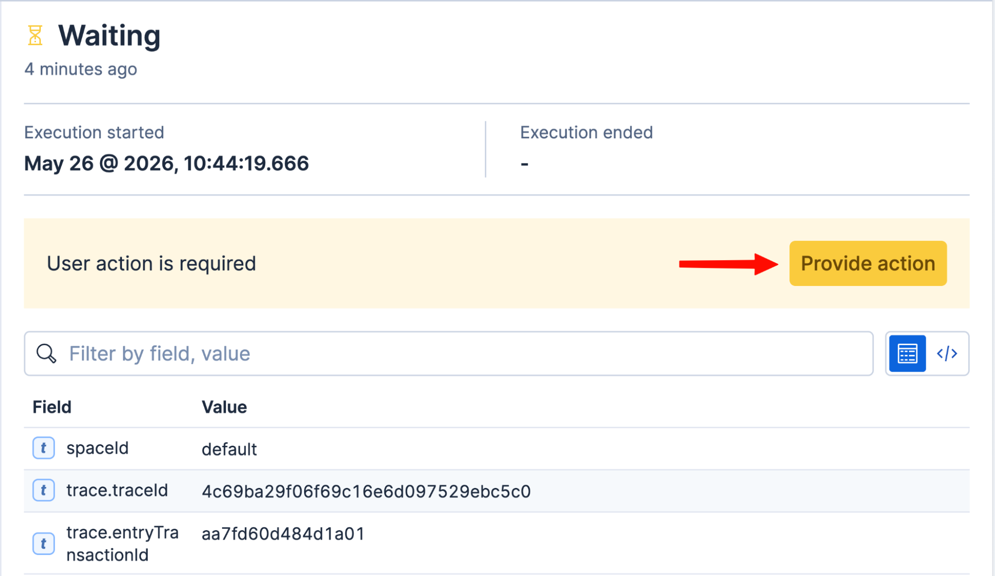 Kibana execution view showing an Elastic Workflow paused at the waitForInput step with the Provide action button highlighted for human-in-the-loop schema approval