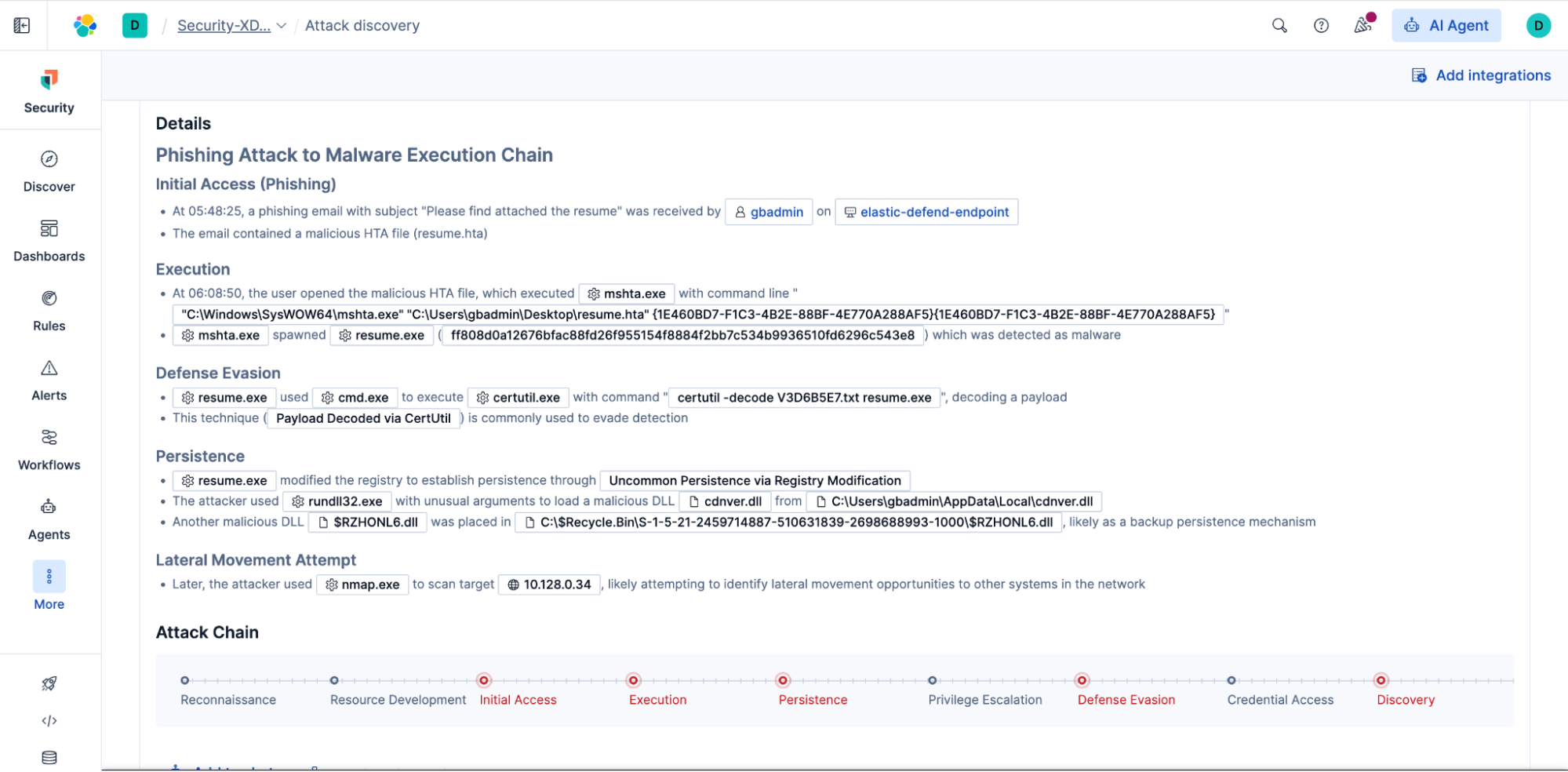 Attack Discovery showing correlated certutil events