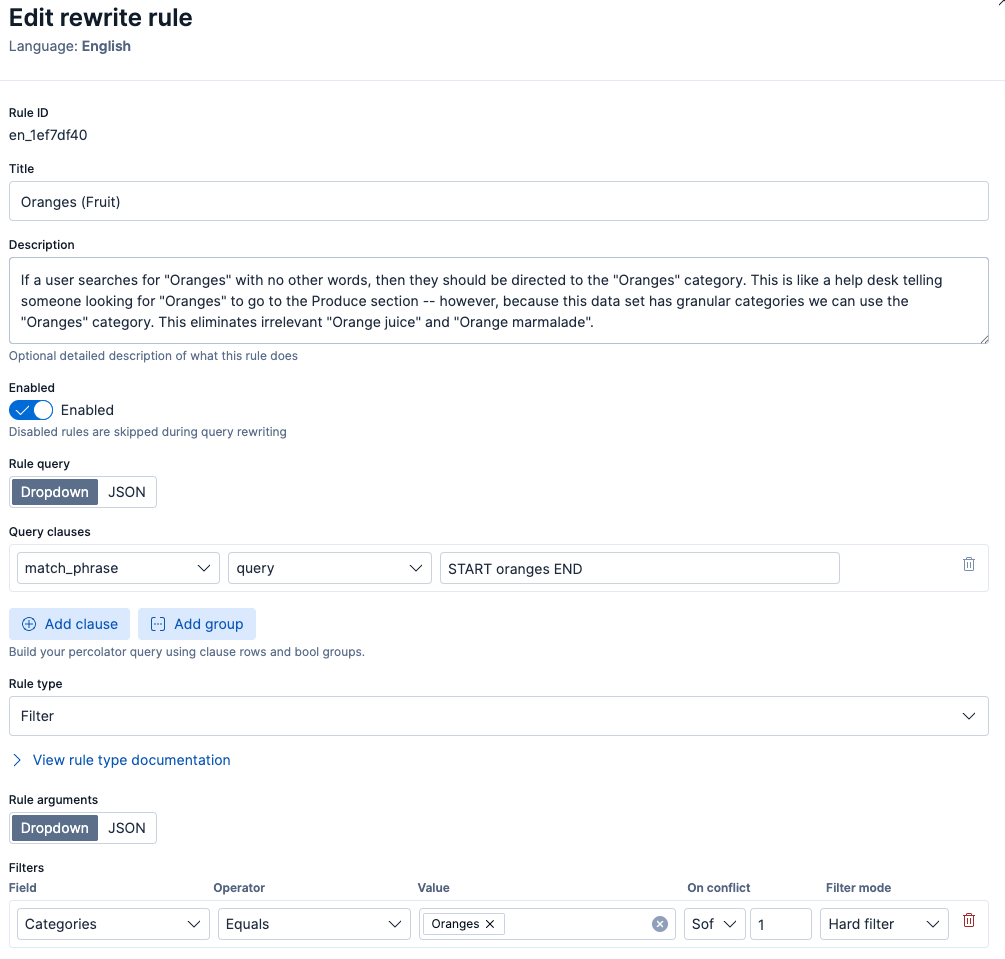 A screenshot of a rewrite rule editor showing a rule with an ID, title, description, and an enabled toggle, a rule query defined with a match_phrase condition for “START oranges END,” and a filter on the Categories field set to “Oranges,” with additional settings for conflict handling and filter mode.