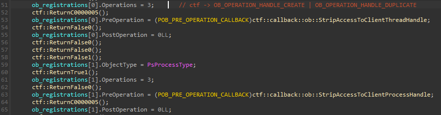 Registration of callbacks to catch thread and process opening to protected client 0xA2B0