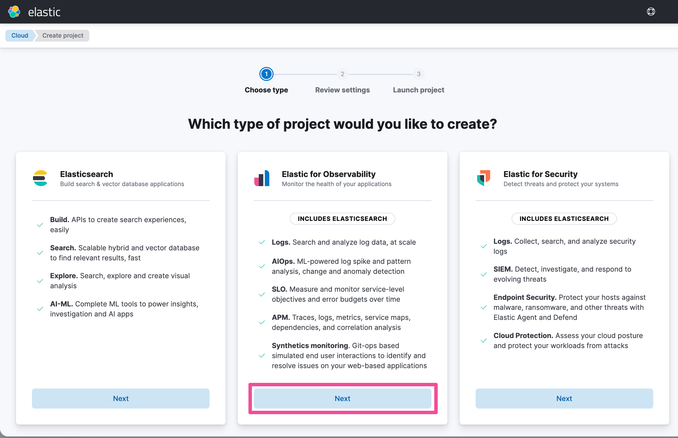 Create Elastic Observability serverless project