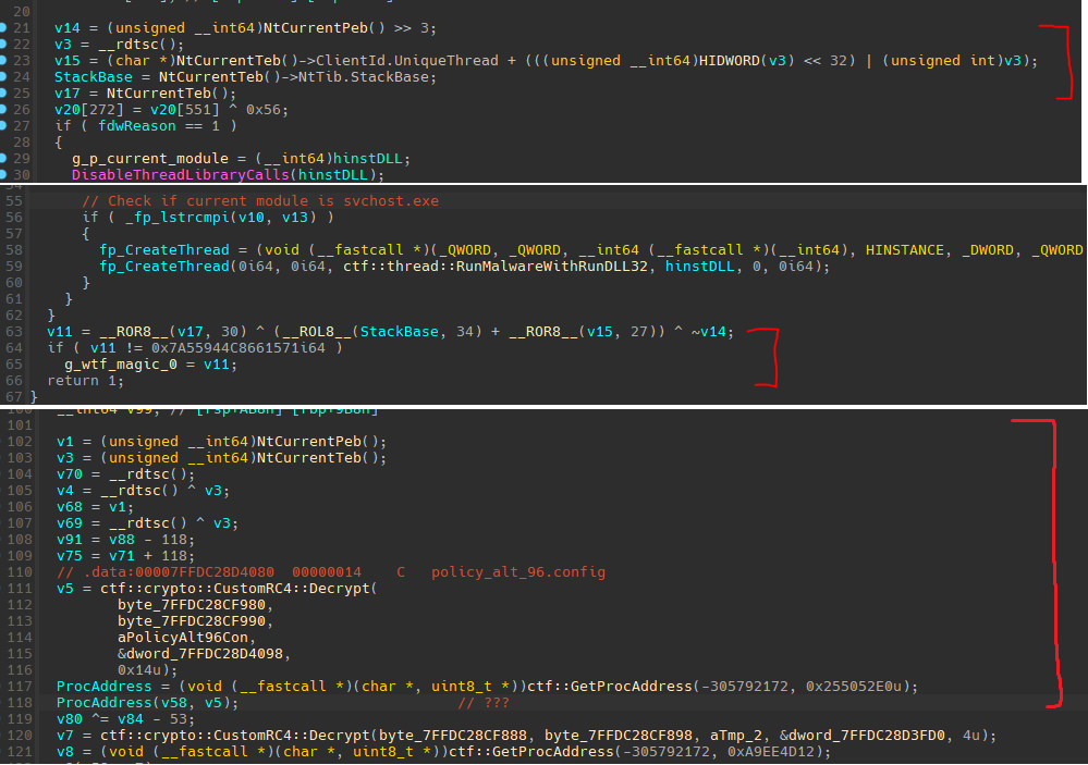TELEPUZ code showing ROR bit rotation operations, NtCurrentPeb access, and thread magic number calculations