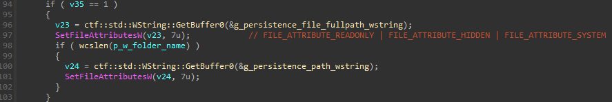 0x40CFC3 REMCOS applies read-only and super hidden attributes to its install folder and files