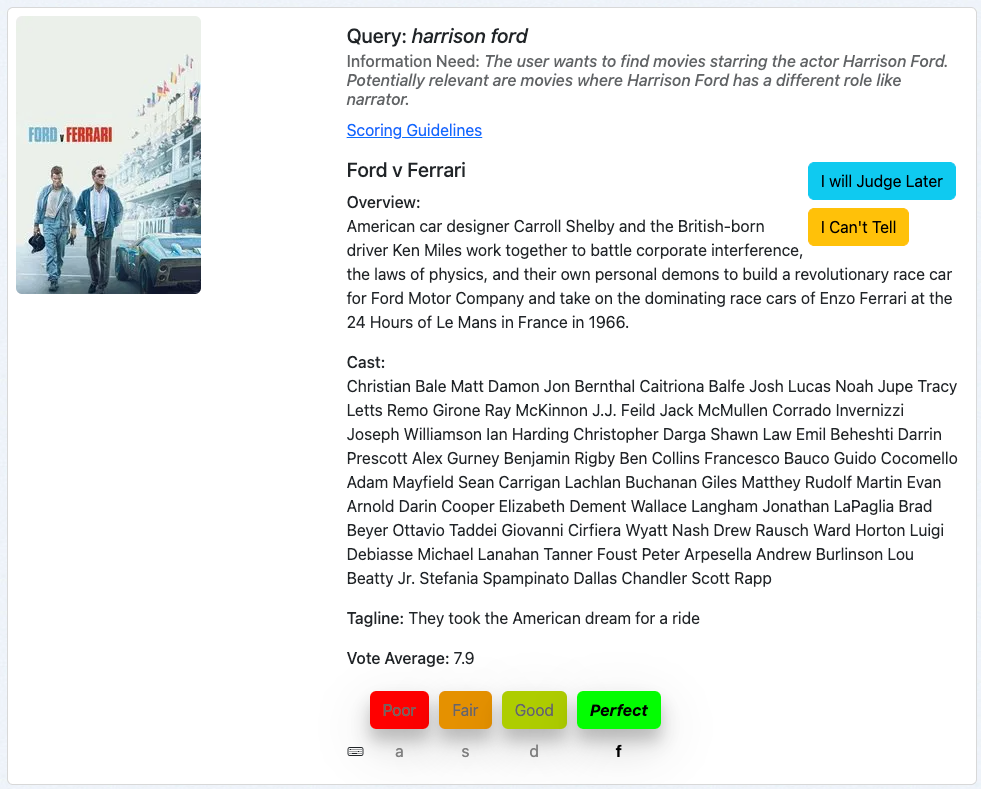 Ein Beispiel für den Film „Ford v Ferrari (Le Mans 66 – Gegen jede Chance)“ für die Suchanfrage „Harrison Ford“ in Quepid.