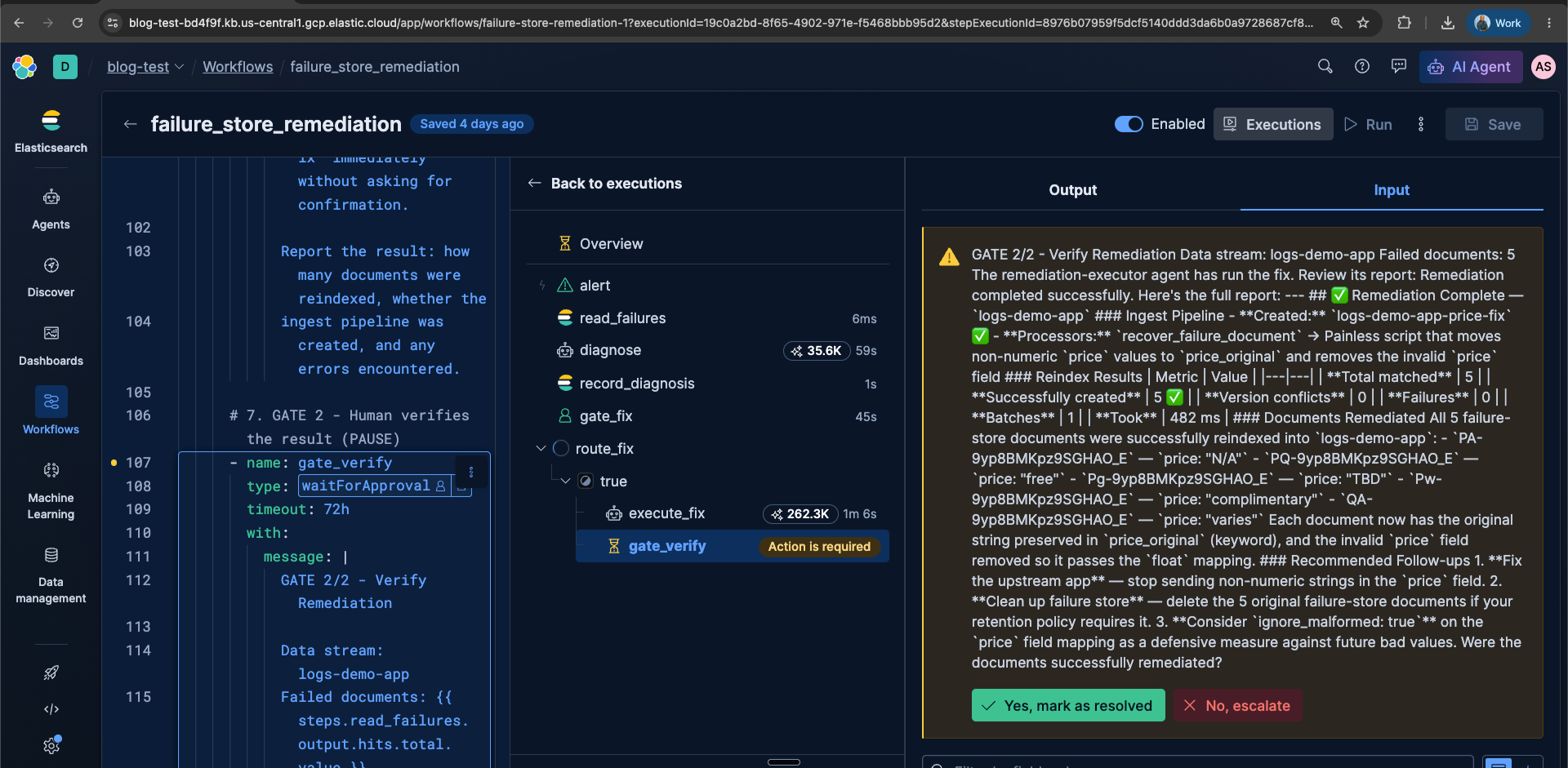 Gate 2 human approval in Elasticsearch Workflows: remediation-executor report with resolve or escalate buttons