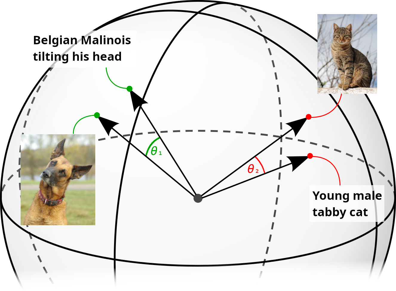 Diagram of a dog and a cat mapped as vectors in a shared embedding space, illustrating how multimodal embeddings represent product similarity