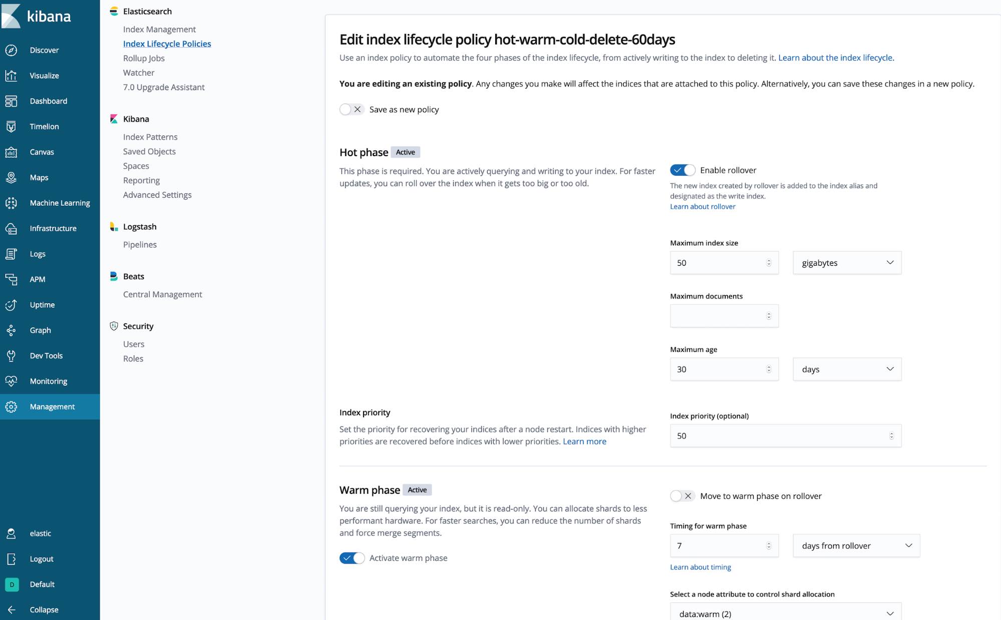 ESS hot-warm data controls