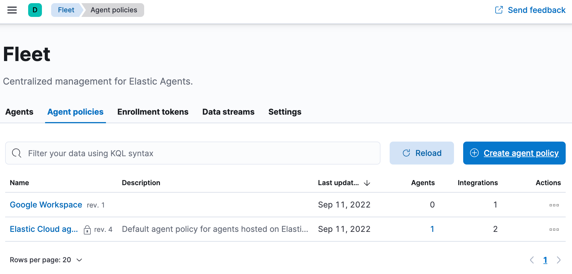 Fleet agent policies page in Elastic Stack