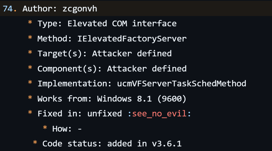 screenshot showing the ID of the privilege escalation technique under UACME