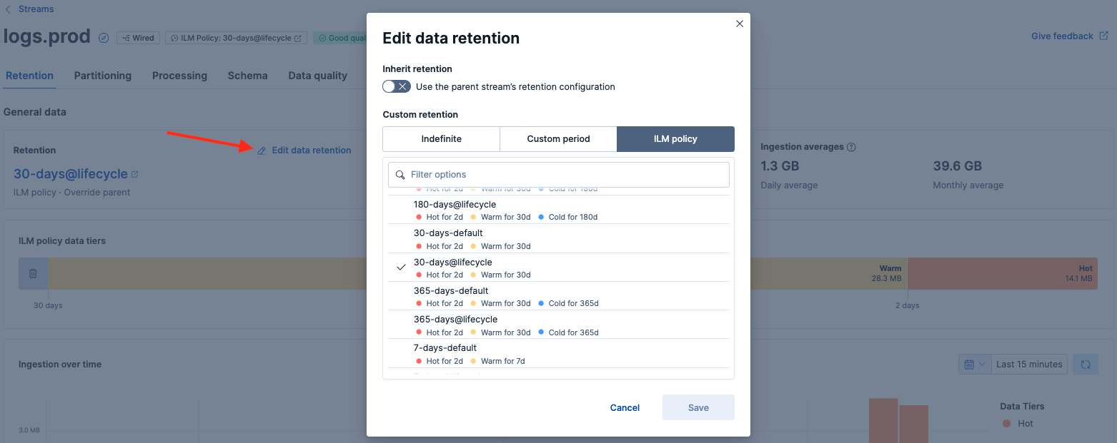 Modal view to set a lifecycle policy