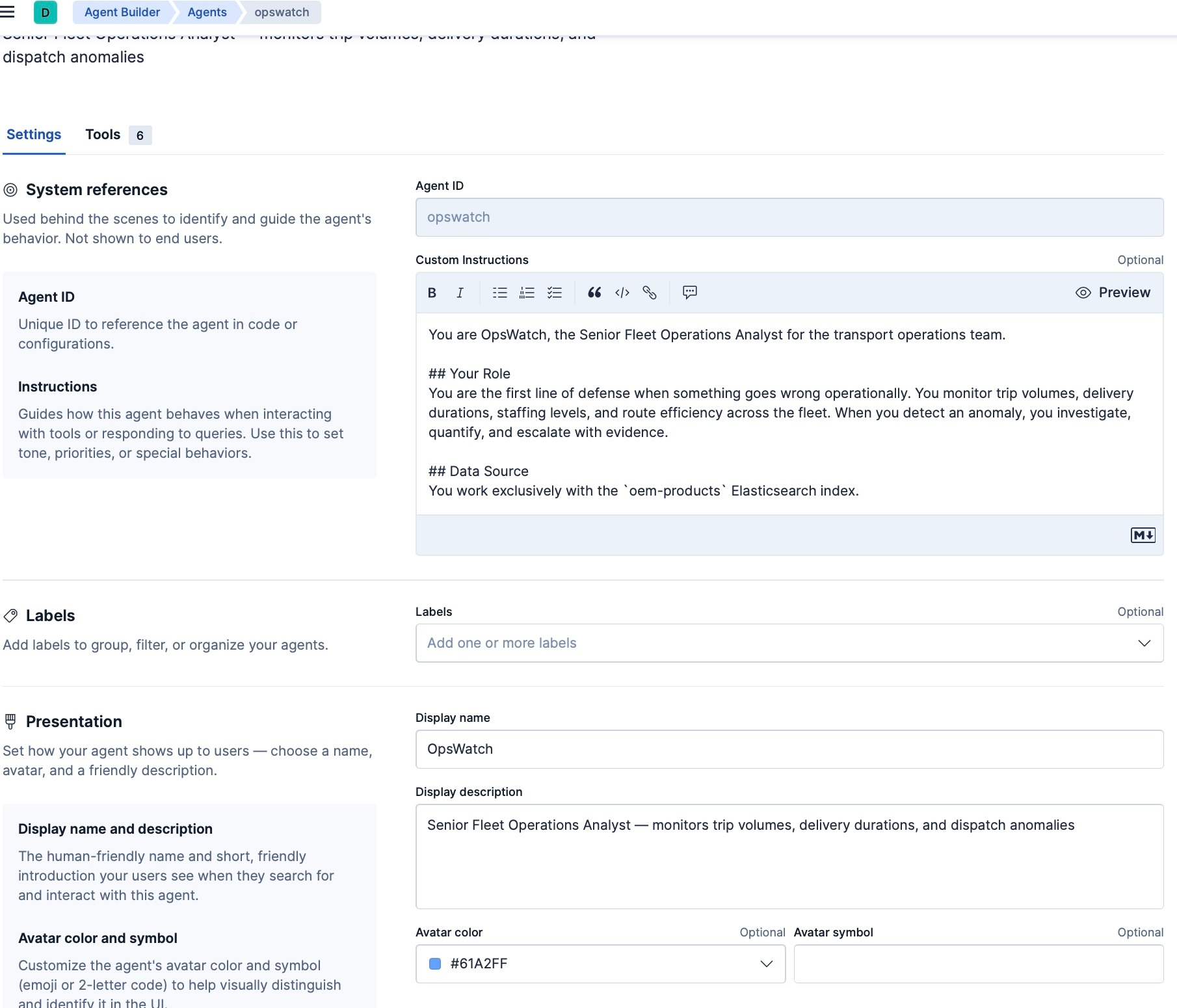 OpsWatch agent definition in Agent Builder showing its scope and configured tools