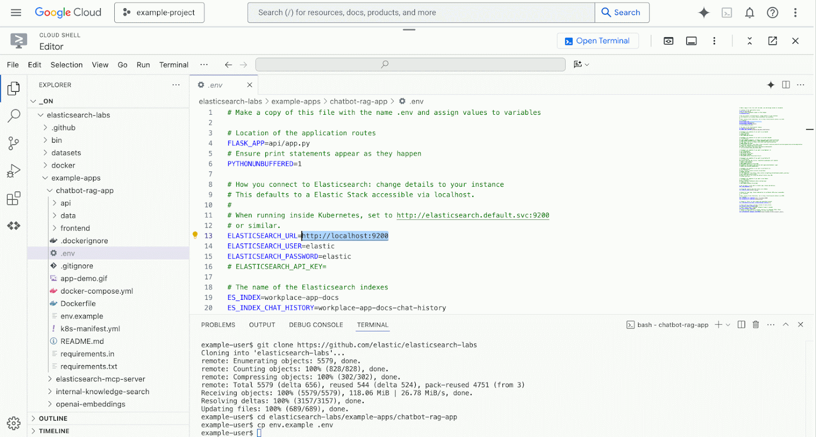 Using the Google Cloud Shell Editor to update the .env configuration file with Elasticsearch URL.