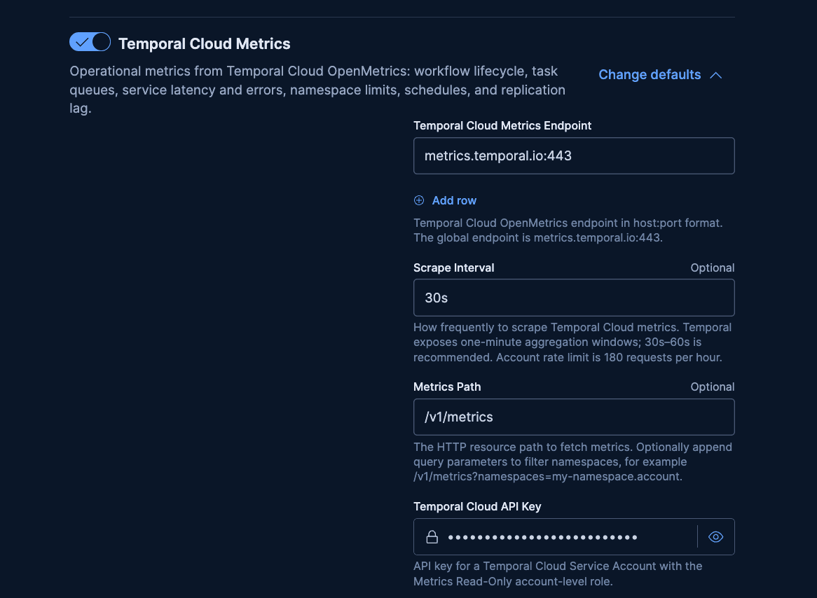 Kibana Add Temporal OpenTelemetry integration form with Elastic Managed Integration, the metrics.temporal.io endpoint, scrape interval, metrics path, and Temporal Cloud API key