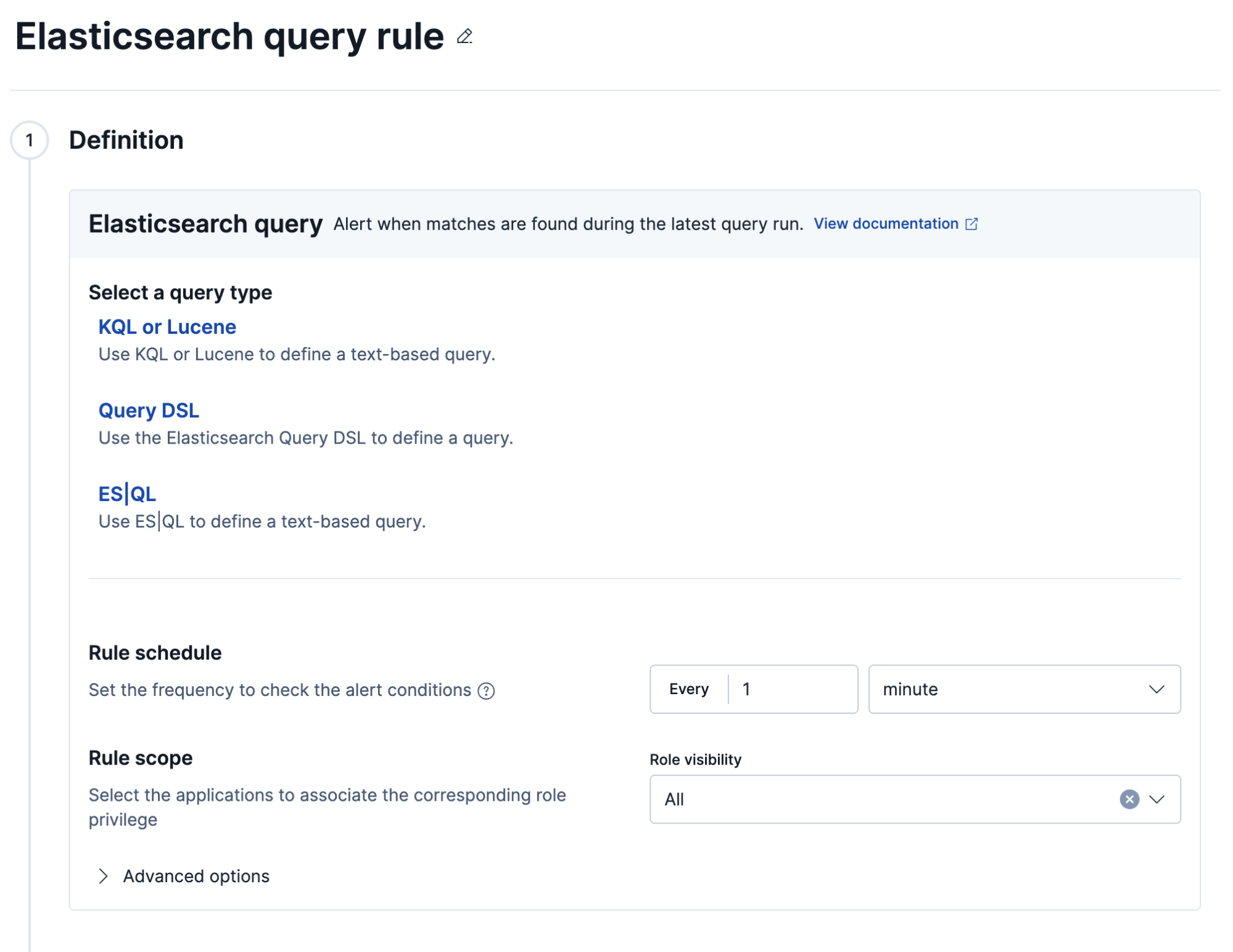 Elasticsearch query rule in Kibana showing KQL, Query DSL and ES|QL query type options