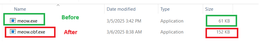 Example of binary before and after obfuscation