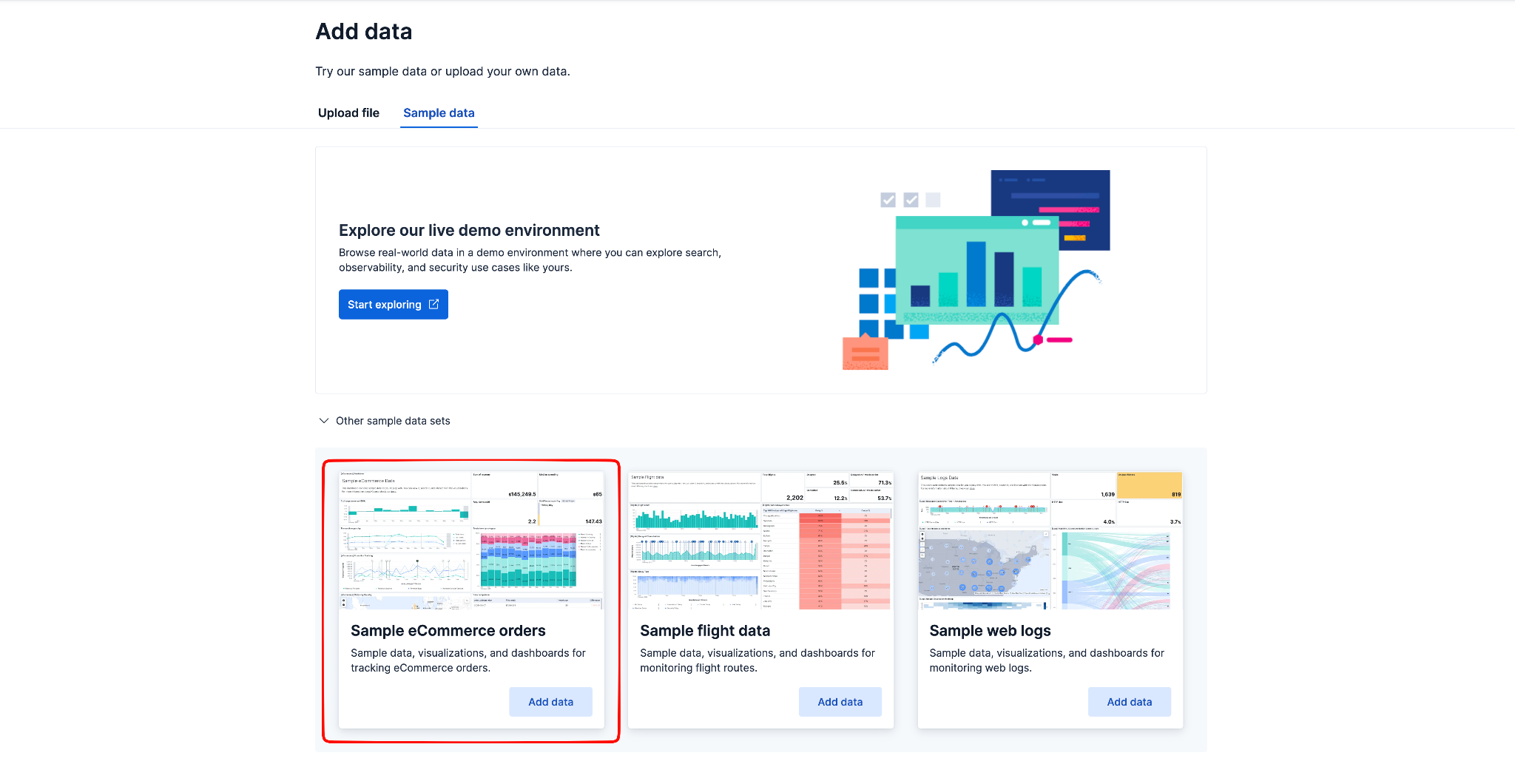 Kibana Add data page with the Sample eCommerce orders dataset highlighted
