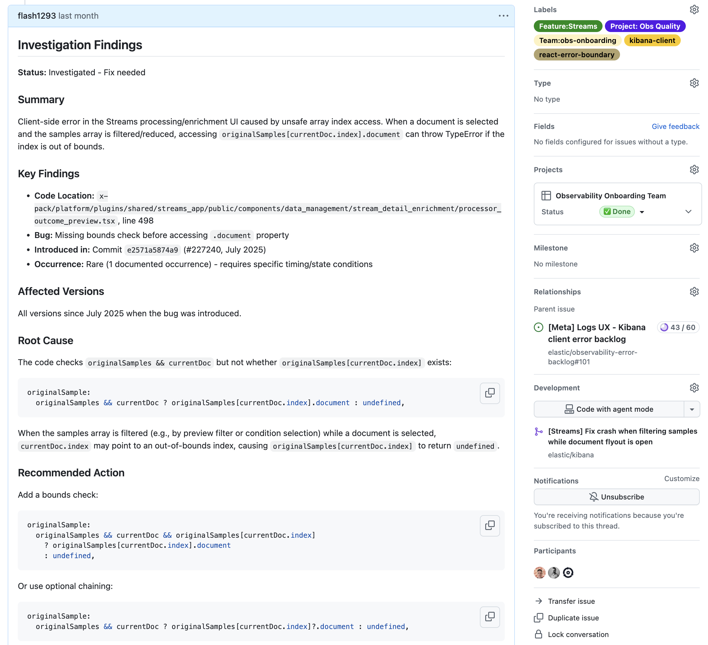 Automated error investigation report showing the agent's analysis of a Streams UI crash, including root cause identification and suggested fix