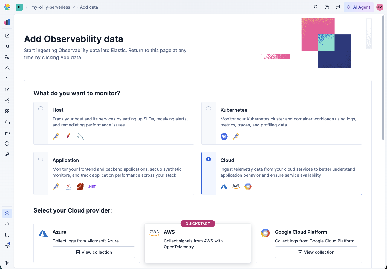 Elastic Add Observability data page with Cloud selected and the AWS quickstart path for OpenTelemetry collection