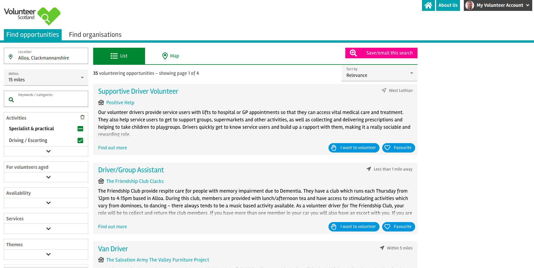 Screenshot of the Volunteer Scotland Search website