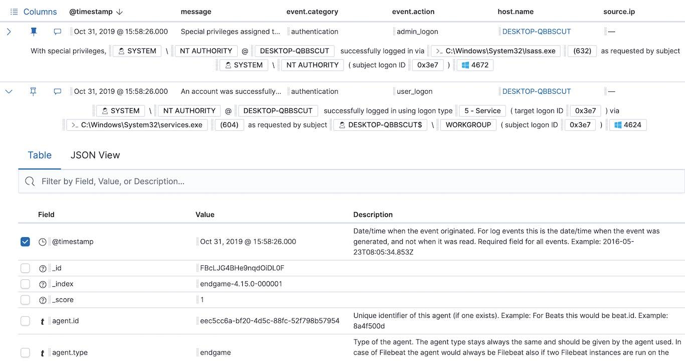 Elastic SIEM Timeline view