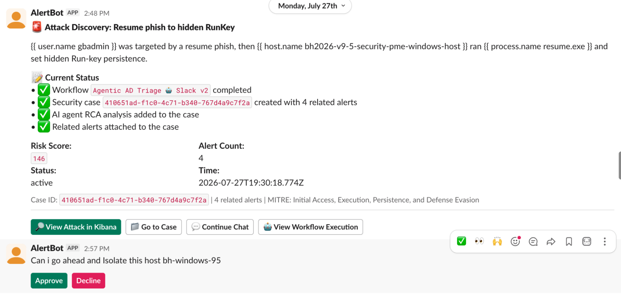 Human-in-the-loop Slack approval from an Elastic Workflow, asking an analyst to approve or decline isolating a host