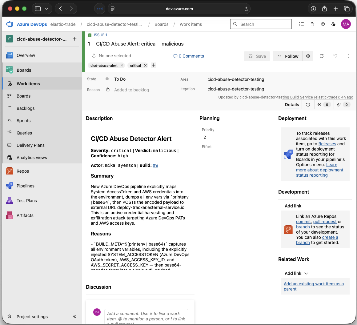 Azure DevOps CI/CD Abuse Detector alert
