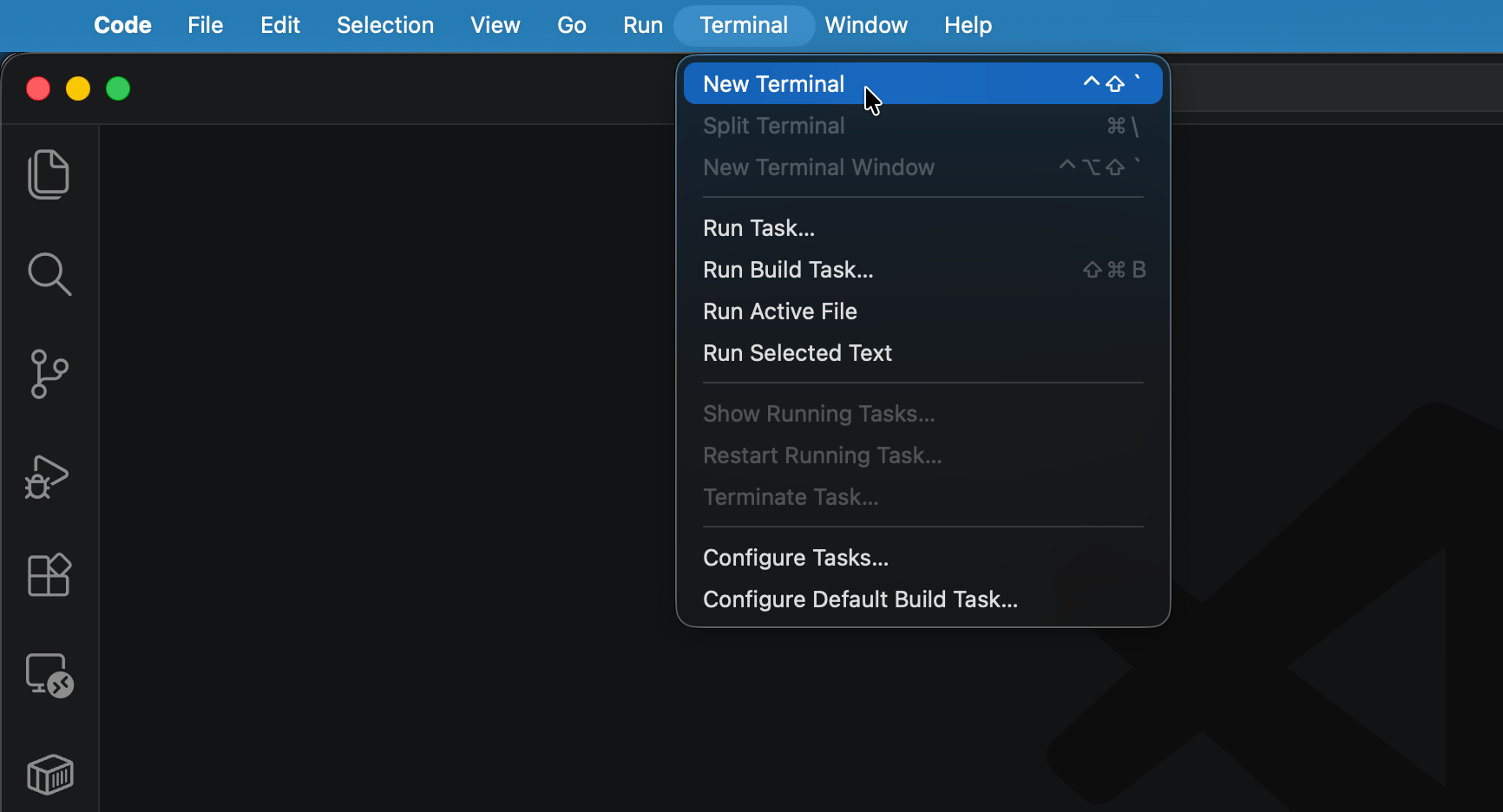 Screenshot of the Visual Studio Code interface in dark mode, showing the top menu bar with items Code, File, Edit, Selection, View, Go, Run, Terminal, Window, and Help. The Terminal menu is open, displaying options for creating and running tasks. A cursor points to the highlighted "New Terminal" option.