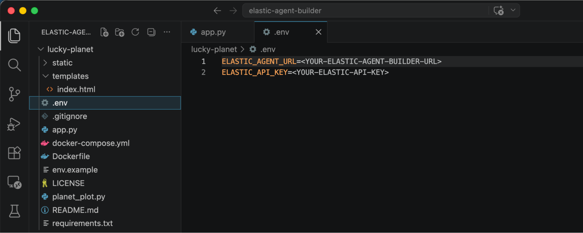 Screenshot of a code editor window showing a project titled "Elastic Agent Builder." The file explorer lists a folder named lucky planet with subfolders static and templates, and files including env, gitignore, app.py, Dockerfile, README.md, and requirements.txt. The editor displays the env file containing two environment variables labeled ELASTIC_AGENT_URL and ELASTIC_API_KEY with placeholder values.