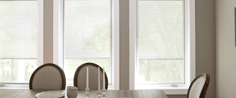three casement windows with blinds-between-the-glass behind a traditional dining room table