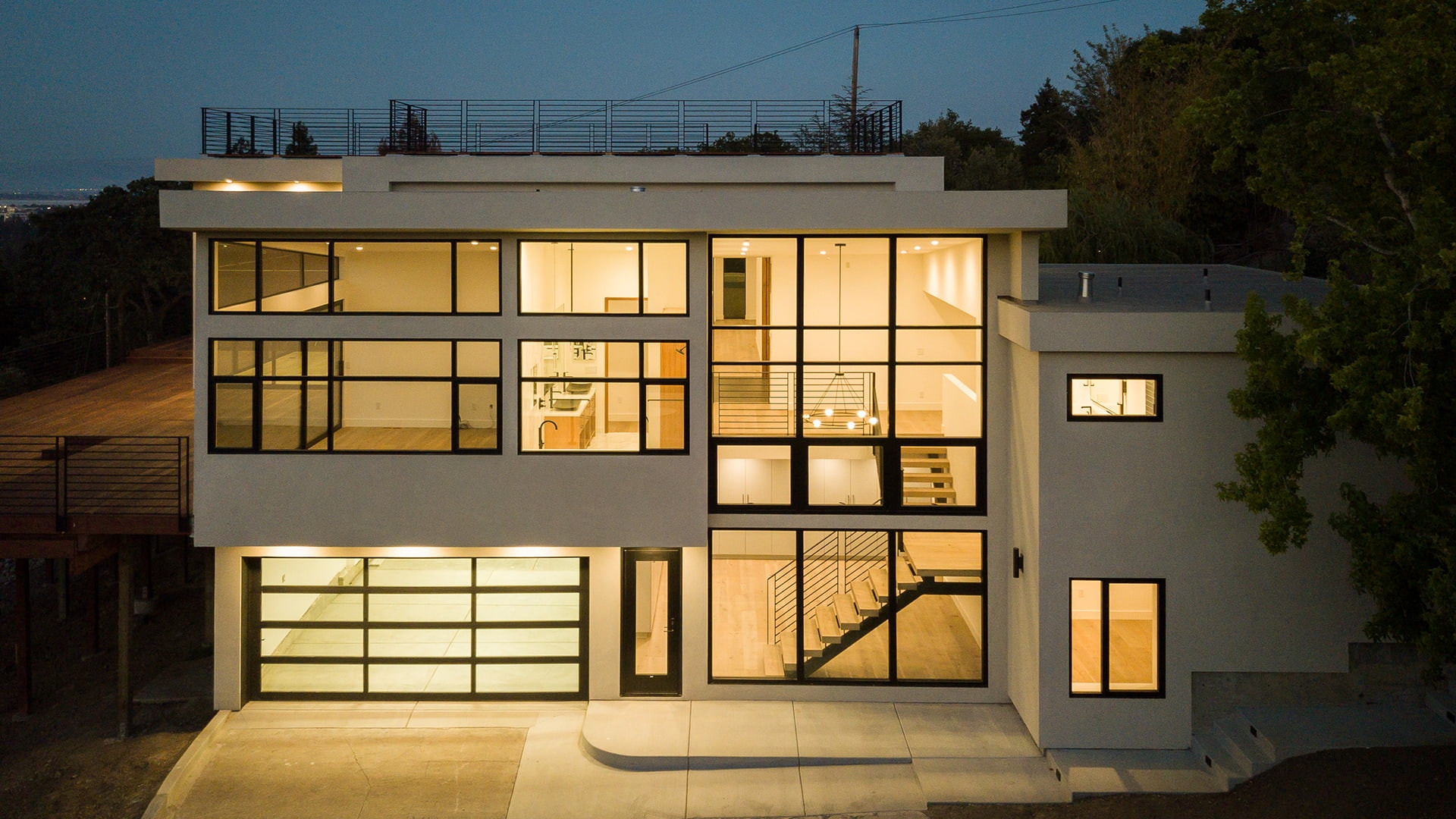 A two-story California home at dusk