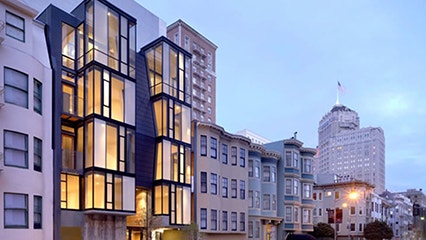 A San Francisco apartment building at dusk