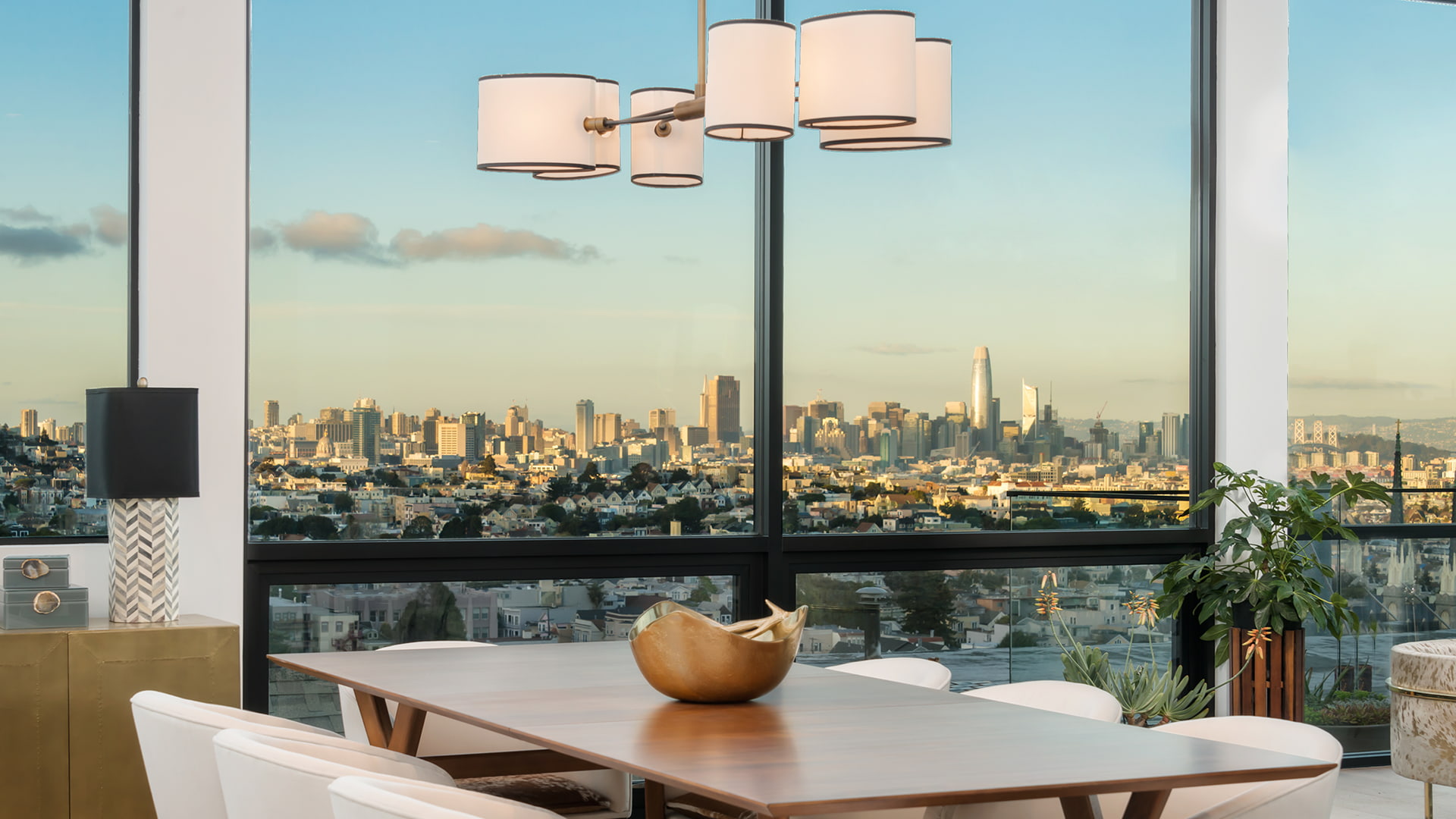 The Los Angeles skyline viewed from a large window unit