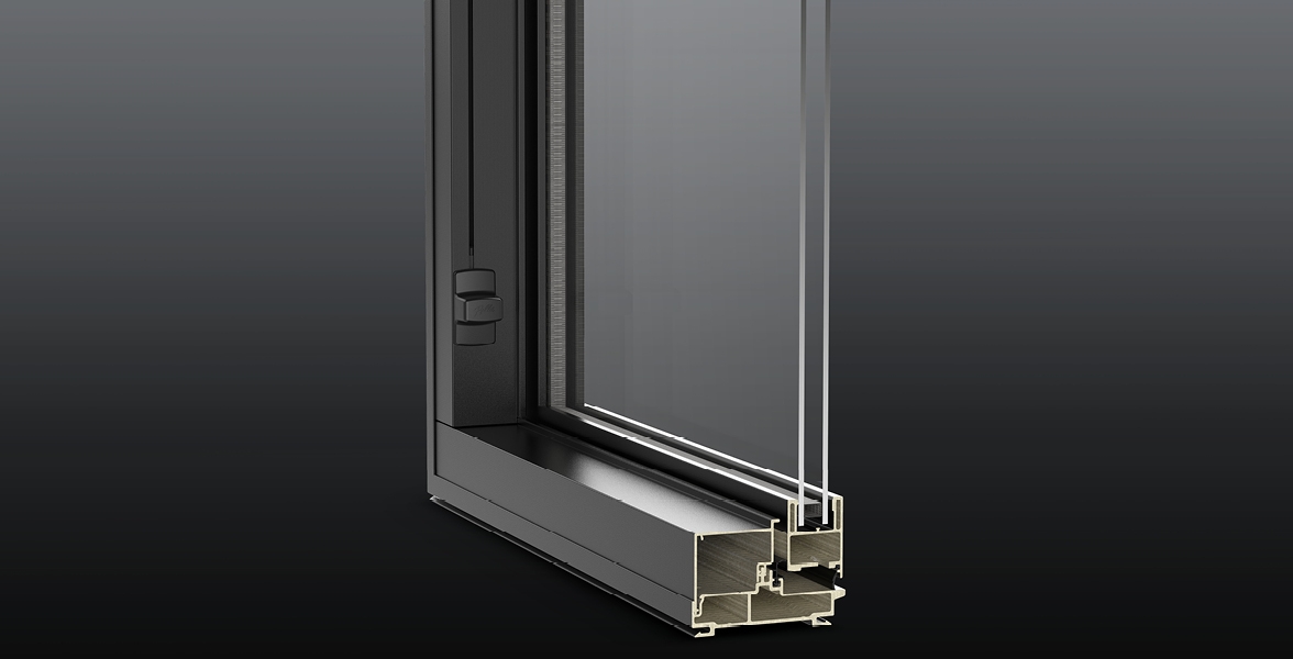 cross section of a black fiberglass Pella Impervia window