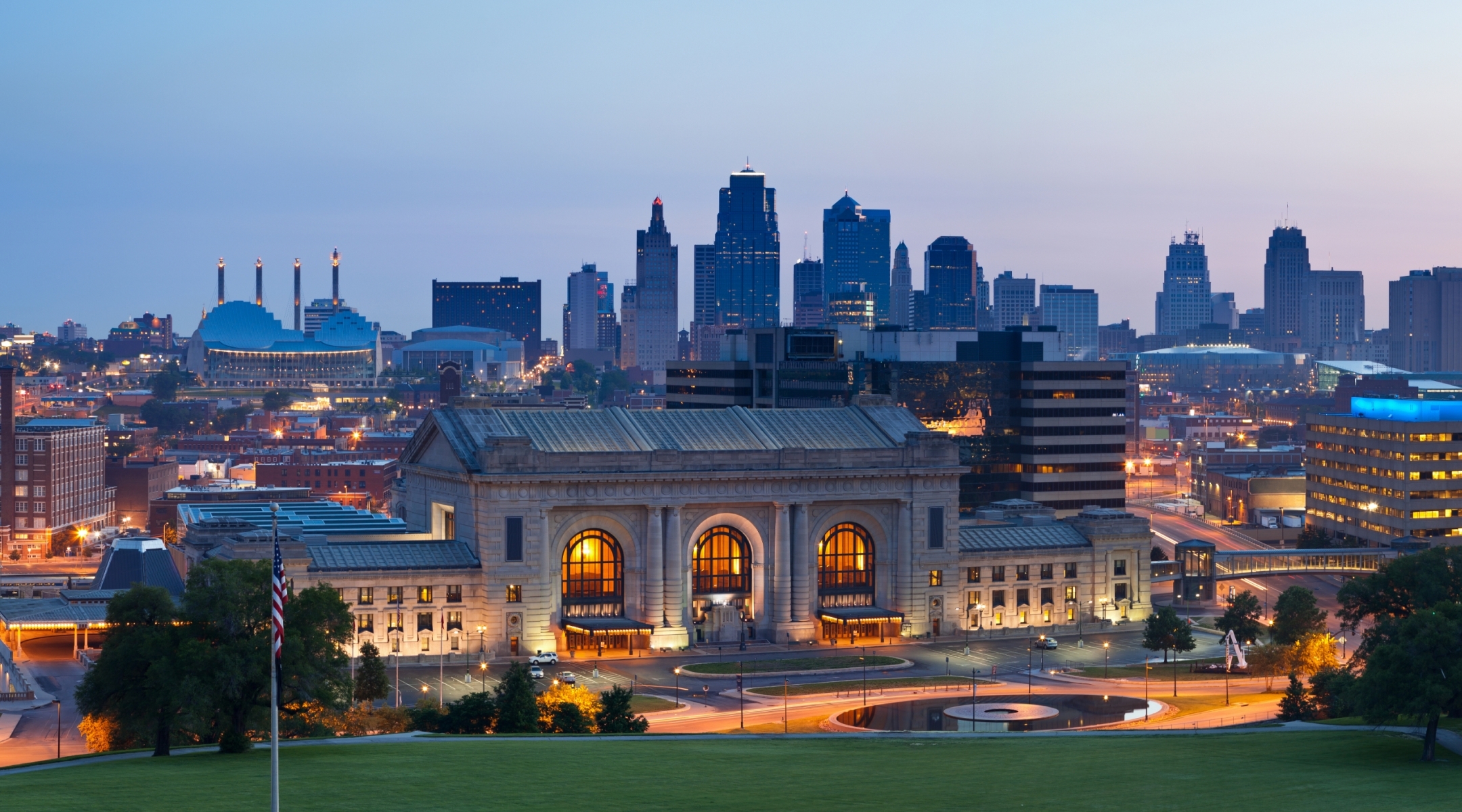 Evening view of downtown of a city in Kansas
