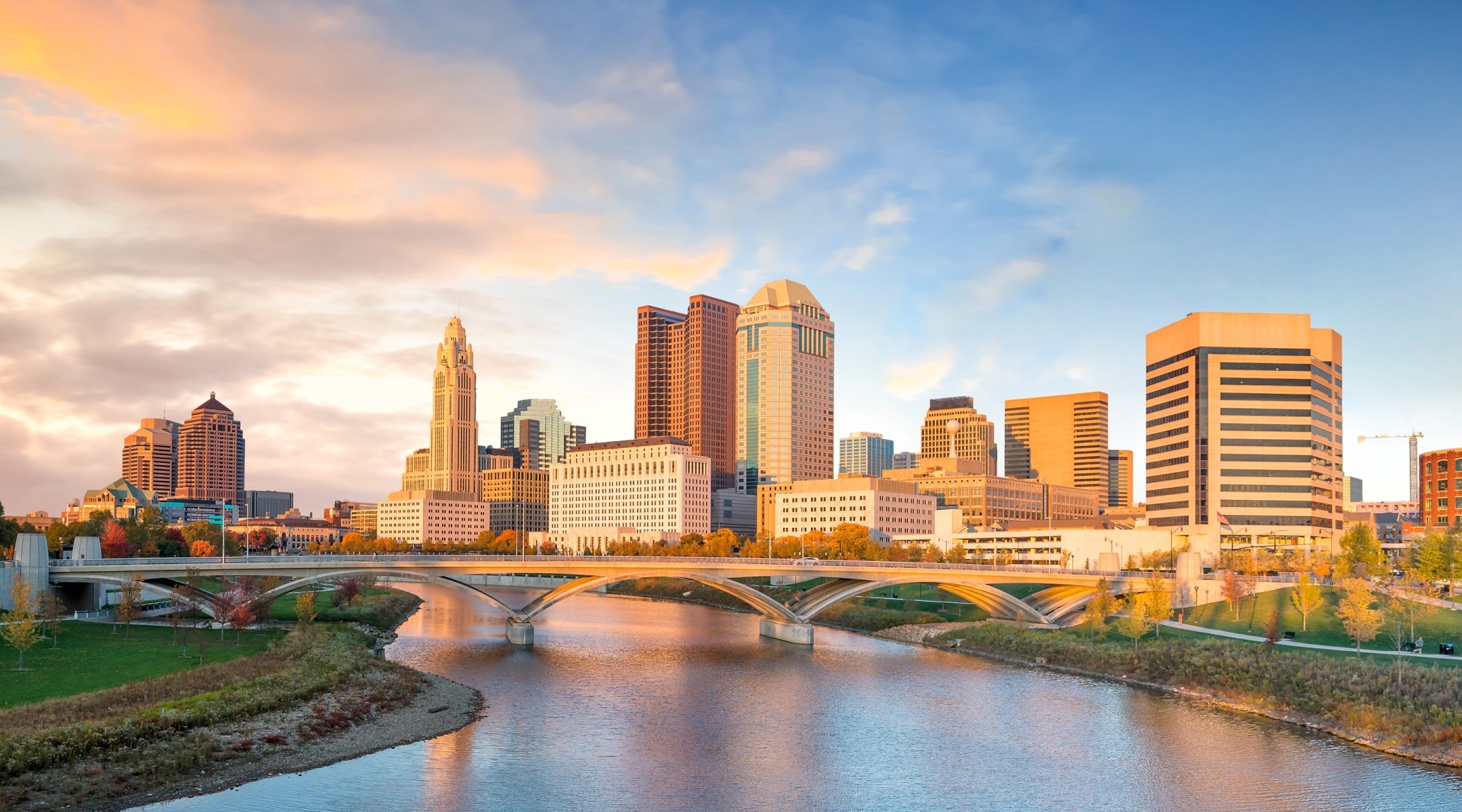 View of downtown across a river in Ohio