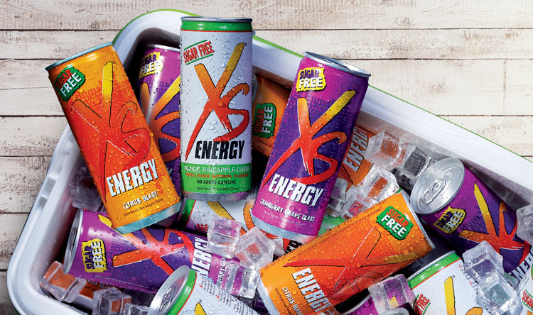 Cooler full of chilled XS Citrus Cranberry Energy Drinks