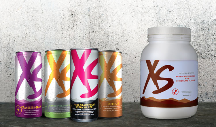 Lineup shot of XS Energy Drinks and XS Mixed Whey Protein with Chocolate Flavour