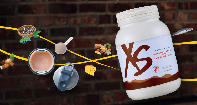 Overhead mood shot of XS Mixed Whey Protein with Chocolate Flavour 1