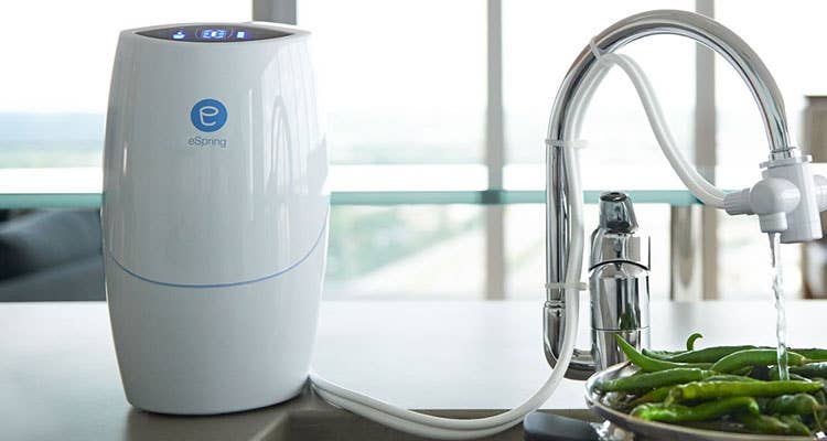 eSpring Water Treatment System on a counter beside a sink 