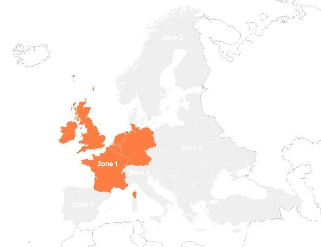 Map of Europe showing which countries are part of Zone 1